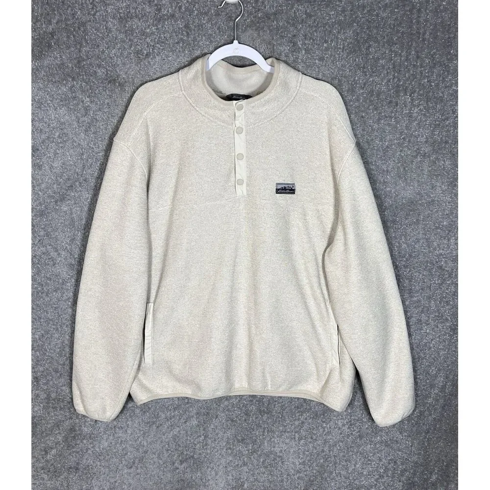 Eddie Bauer 1/4 Snap Fleece Lined‎ Sweater Mens Size XXL Beige Kangaroo Pocket